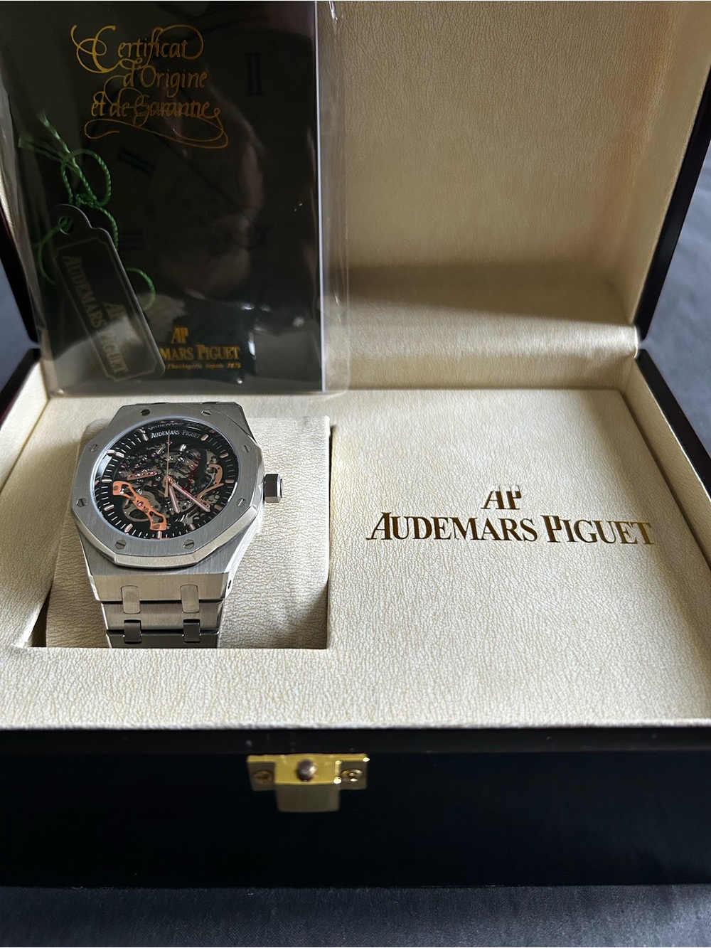 Audemars Piguet Silver and Black Skeleton Dial Royal Oak in Presentation Box